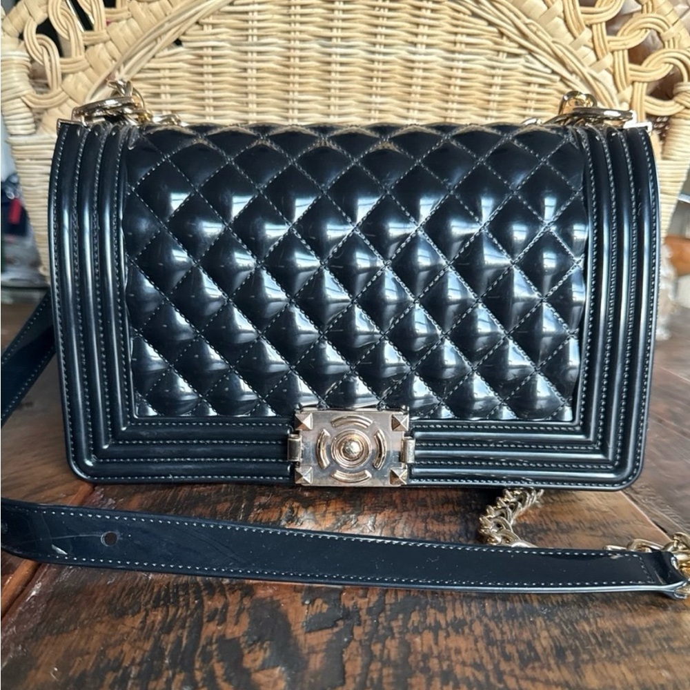 Black Quilted Crossbody Bag with Gold Hardware & Chain Strap